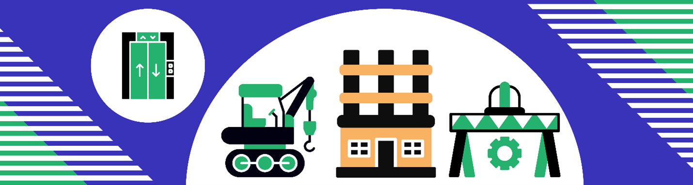 A graphic illustration of a building being constructed and an icon of an elevator.